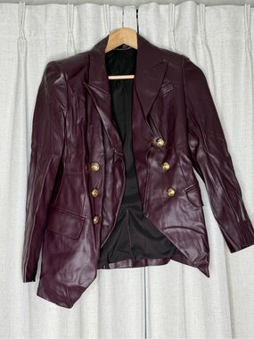 Women's Burgundy Double-Breasted Leather Blazer